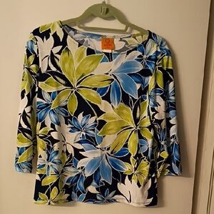 Ruby Rd. Blue and Green Floral 3/4 Sleeve Top Petite Large
